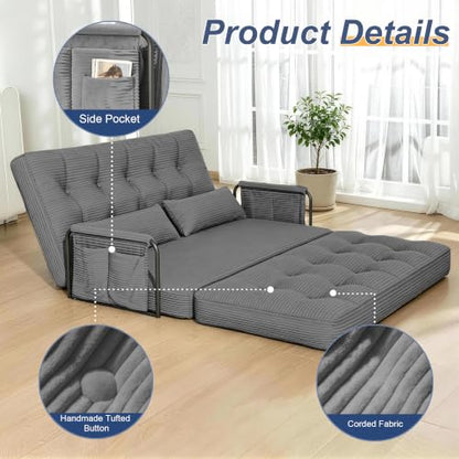 Futon Sofa Bed,Convertible Sofa Bed,Folding Boneless Couches | 3-in-1 Folding Sofa Bed,Boneless Couches for Living Room with Pillow & Side Pocket,High-density Foam,Double Sleeper,Grey - color: Dark Grey, size: Full