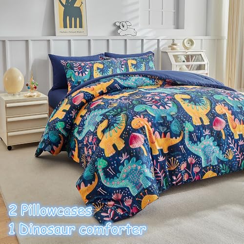 Kids Twin Comforter Set for Boys and Girls, 3pcs Dinosaur Comforter with 2 Pillowcases, Floral Dino Twin Bedding Set for Kids Teens Washable Super Soft Microfiber for All Season, Blue - color: Dino Blue, size: Twin-3pieces