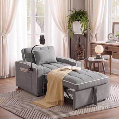 Sleeper Chair with USB Port, 3 In1 Pull Out Sofa Bed, Gray | Adjustable Backrest,Soft Cushioning,Handy Side Pocket,Cup Holders,Phone Holder - color: D-light Gray-kg