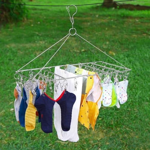 Folding Sock Dryer with 52 Peg, Stainless Steel Swivel Drying Rack Windproof Hook for Sock, Underwear, Lingerie, Sheet and All Small Item