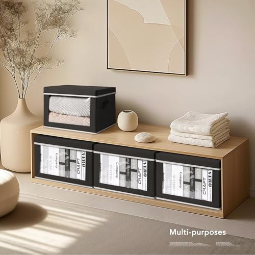 Foldable Storage Box with Lid - Closet Storage Organizer with Window, Storage Bins with Lids for Clothes, Fabric Storage Baskets for Shelves, Bedroom, Dorm, Black, 4 Pack - color: Black, size: L(4-Pack)