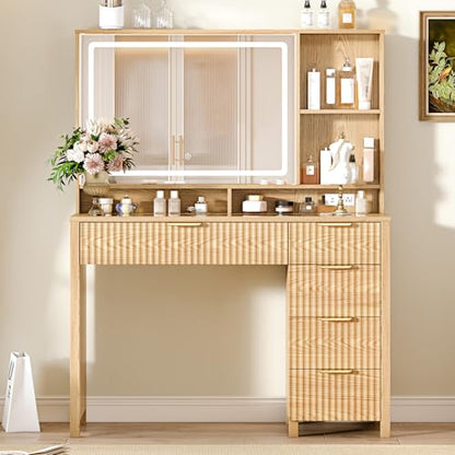 Arulvmrn Makeup Vanity Desk with Mirror and Lights, 43.3'' Glass Tabletop Vanity Table with 5 Drawers & Shelves,Big Vanity Set for Bedroom, Oak - color: Oak