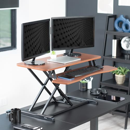 VIVO 36 inch Desk Converter, K Series, Height Adjustable Sit to Stand Riser, Dual Monitor and Laptop Workstation with Wide Keyboard Tray, Dark Walnut Top, Black Frame, DESK-V036KA - color: Dark Walnut, size: 36"