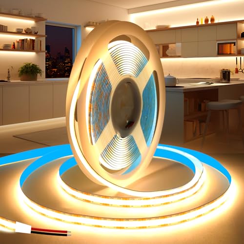 COB LED Strip Lights 16.4ft/5m, 12V LED Light Strip, Warm White 3000K Under Cabinet Lighting, Super Bright Flexible Tape Lights for Bedroom,Mirror,Kitchen,Living Room(Power Supply Not Included) - color: Warm White, size: 12V-16.4ft/5M