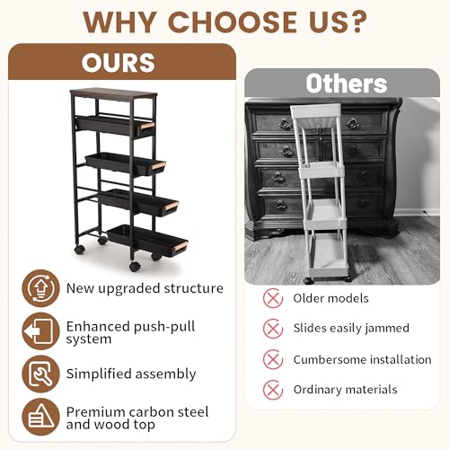 Slim Storage Cart, 5-Tier Narrow Rolling Kitchen Laundry Room Cart with Drawer and Wheels, Metal Utility Cart Slide Out Organizer for Small Spaces (Black) - style: 5 Tiers-Black