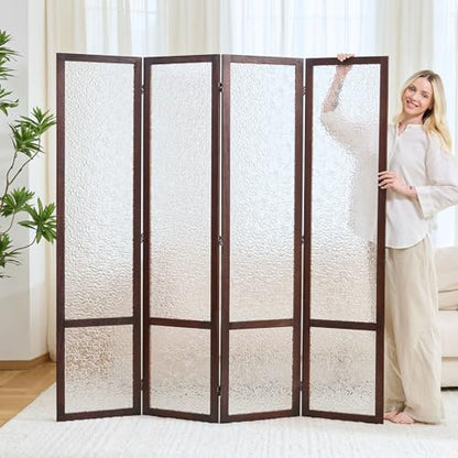 4 Panel Acrylic Room Divider Privacy Screen - Freestanding Frosted Translucent Partition, Lightweight Modern for Home Office Studio (Walnut, 4 Panels) - color: Walnut