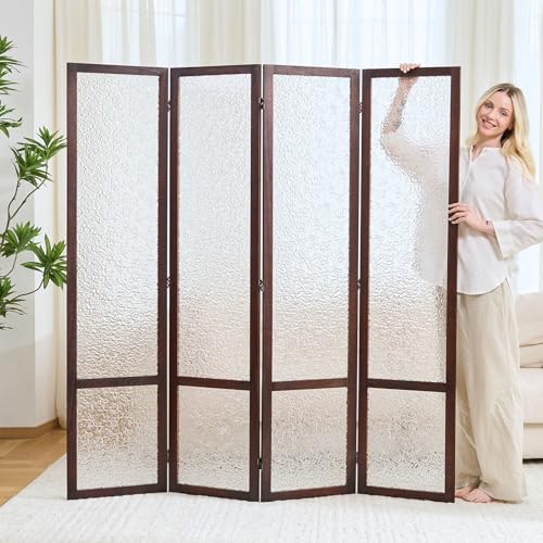 4 Panel Acrylic Room Divider Privacy Screen - Freestanding Frosted Translucent Partition, Lightweight Modern for Home Office Studio (Walnut, 4 Panels) - color: Walnut