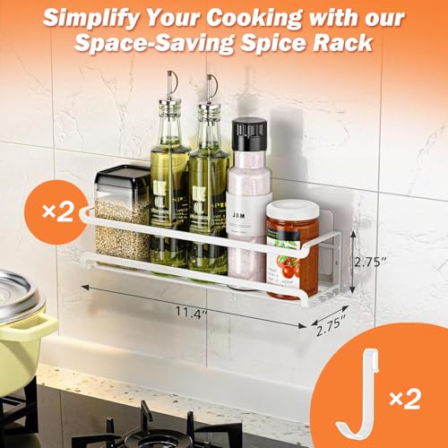 Bunoxea Spice Rack Wall Mounted 2 Pack, White,For Spice Jars & Seasonings | 2 Removalble Hooks,Screw or Adhesive Hanging, Space-Saving,For Kitchen Cabinet, Pantry Door,Stove,RV Use,11.41x2.75x2.75in - color: White, size: 2Pack