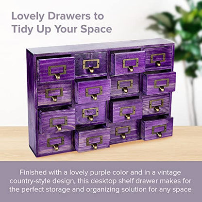 Purple 16-Slot Wooden Drawer Unit - Country Style Desk Organizer Box - 20"x3.6”x14” Wooden Storage Box w/ 16 Drawers - Countertop Drawers w/Label Holder & Handle - Slim 4-Level Organizer - color: 16 Drawer Plum Purple
