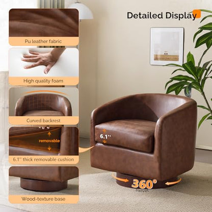 VINGLI 360°Swivel Accent Chairs Set of 2 with Engineered Wood Base and Removable Cushion for Living Room, Bedroom, Curved Back Barrel Chairs for Small Space, Upholstered Bucket Armchairs, Pu-Brown - color: Pu-brown