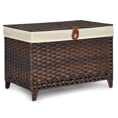 Wicker Storage Basket with Lid, 200L Storage Bin with Removable Liner Bag | Rattan-Inspired Shelf Basket Design, Storage Trunk with Heightened Feet, Wardrobe Storage Container & Home Organizer - color: Brown, size: 200L
