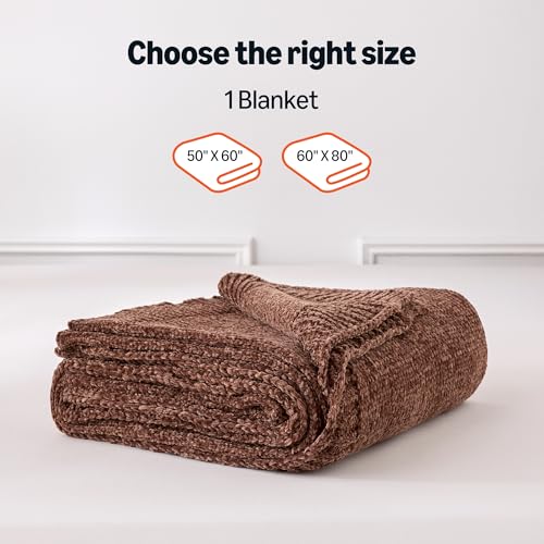 Amazon Basics Chunky Chenille Knit Throw Blanket for Couch, Bed and Sofa, Soft and Warm Lightweight Jersey, 50"×60", Brown - color: Brown, size: 50×60in.