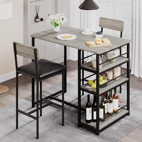 Dining Table Set for 2, 3-Piece Bar Table Set with 2 Stools, Space-Saving Counter Height Dining Set with 3-Tier Storage Shelves for Small Kitchens, Apartments, Breakfast Nooks - color: Grey