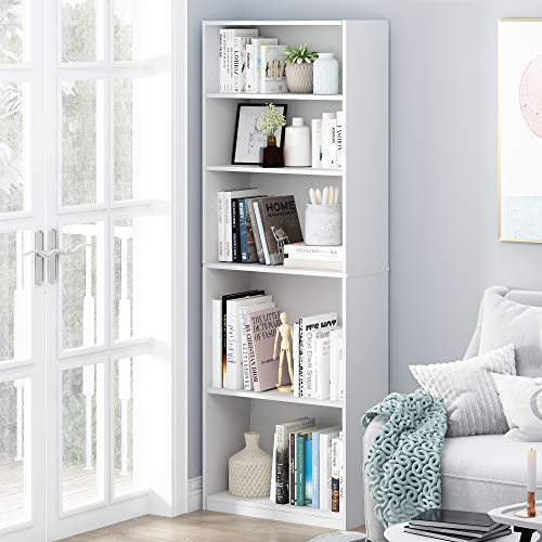 Furinno Jaya Book Shelf Set of 2, 5-Tier Bookshelf, Bookcase, with Adjustable Shelf, 9.5 x 24.5 x 71, for Home Office, Living Room, White - color: White, size: Set of 2, 5-Tier