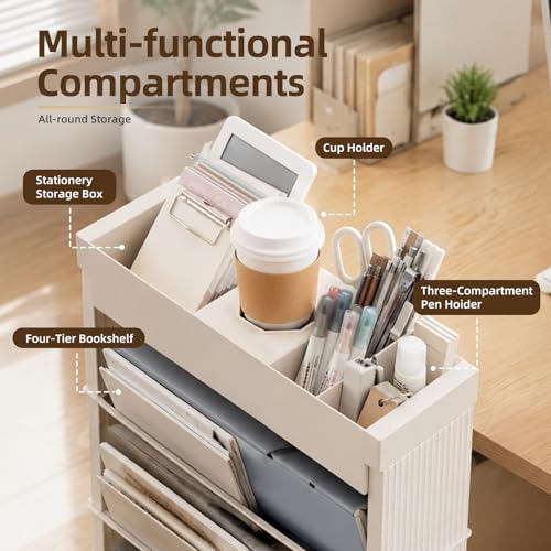 5-Tier Rolling Bookshelf, Rolling Book carts with wheels,Book Storage Rack | Utility Carts, Movable File Folder Organizer Cart for Home,Study,Office,Living Room,Classroom