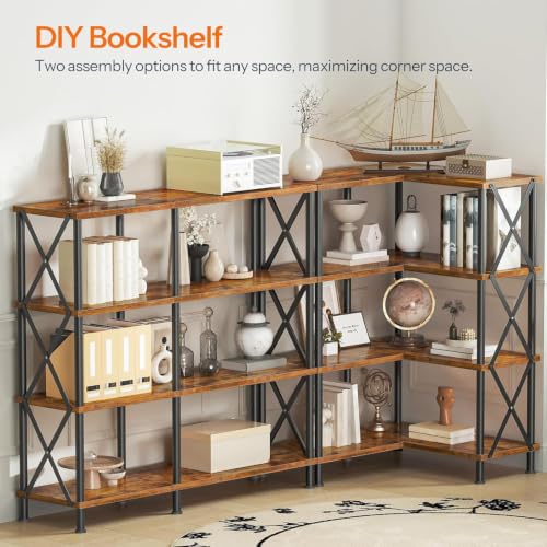 4 Tier L-Shaped Corner Bookshelf Rustic Brown Particleboard Matte Black Metal Frame Freestanding Open Display Storage Rack 23.6 x 23.6 x 45.5 Inch for Living Room Home Office