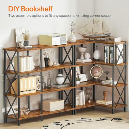 4 Tier L-Shaped Corner Bookshelf Rustic Brown Particleboard Matte Black Metal Frame Freestanding Open Display Storage Rack 23.6 x 23.6 x 45.5 Inch for Living Room Home Office