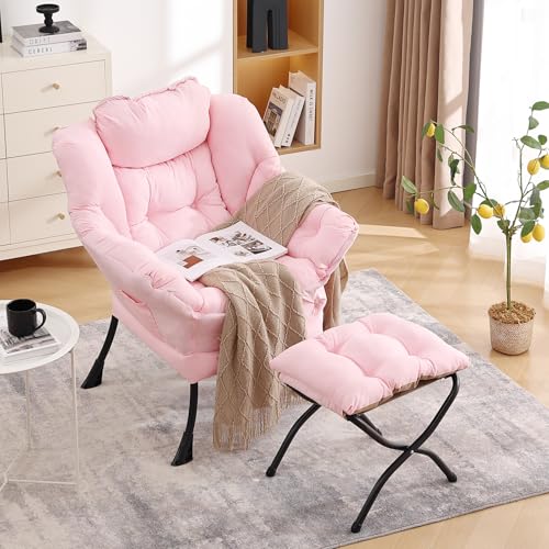 Lazy Chair with Ottoman, Comfy Accent Reading Chair, Pink | Foldable Footrest,Removable Cover,with Armrests and Side Pockets,Upholstered Lounge Chair for Bedroom,Dorm,Office,Small Space - color: Pink