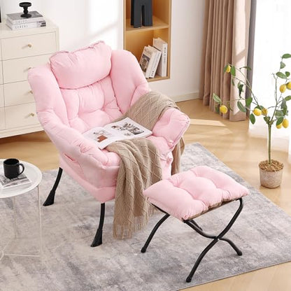Lazy Chair with Ottoman, Comfy Accent Reading Chair, Pink | Foldable Footrest,Removable Cover,with Armrests and Side Pockets,Upholstered Lounge Chair for Bedroom,Dorm,Office,Small Space - color: Pink
