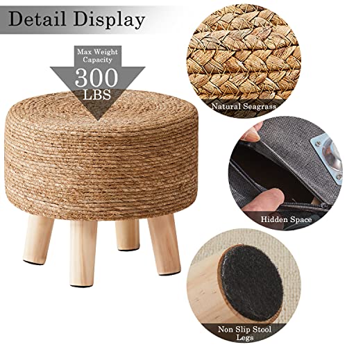 Cpintltr Foot Stool Natural Seagrass Hand Weave Poufs Round Ottoman for Couch Desk Soft Step Stool Padded Foot Rest with Non-Skid Pine Legs for Hallway Office Lounge Natural - color: Natural