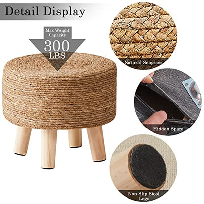 Cpintltr Foot Stool Natural Seagrass Hand Weave Poufs Round Ottoman for Couch Desk Soft Step Stool Padded Foot Rest with Non-Skid Pine Legs for Hallway Office Lounge Natural - color: Natural