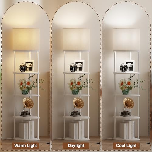 Qupui Floor Lamp with Shelves, 61.5" 5-Tier, 3-Color LED, White | Fabric Shade With Soft Cozy Light. 3 Color Temperatures 12W LED. 5 Tiers, 22 Lbs Each. Durable Composite Panels, Metal Frame - color: 5-Tier White