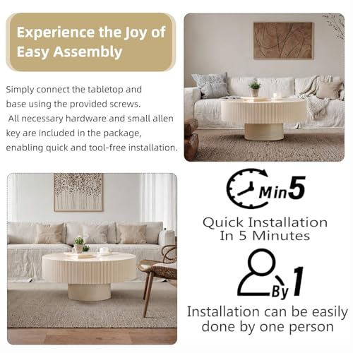 Round Drum Fluted Coffee Table (H) | Modern Wood Coffee Table with Circle Pedestal Center Tables Fluted Accent Tea Tables for Apartment Living Room - color: H