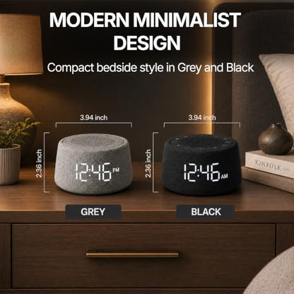 White Noise Alarm Clock for Bedroom, Night Light, Bluetooth Audio | 18 soothing sounds, Bluetooth speaker, ambient light ring, adjustable alarm volume, USB charger, dimmable digital clock - color: Black