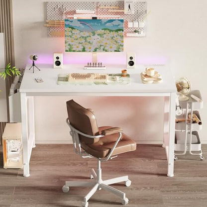 Lufeiya White Computer Desk with Power Outlet, 47 inch Teen Study Table Home Office Work Writing Gaming Desks with Charging Station Outlets Built in, White - color: White, size: 47.2"