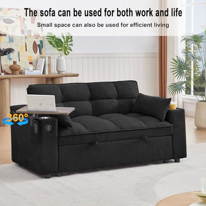 66" Multi-Functional Pull-Out Sofa Bed with Hidden Side Table, Storage Armrests, Built-in Charging Port, Spring Mattress, Solid Wood Frame – Ideal for Small Spaces, Easy Assembly - color: Fashion White