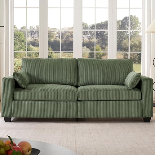 Modern Loveseat Sofa Corduroy Fabric Couches (Green) | Spring Cushions, Removable Cover, Solid Wood Frame, Wide Armrest, for Living Room, Small Space - color: Green2