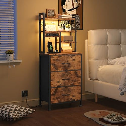 COTUBLR Night Stand, Tall Nightstand with Charging Station and LED Lights, Side Table with 4-Tier Shelves and 3 Fabric Drawers, 45.3" Tall Bedside End Tables for Bedroom, Hallway, Office, Rustic Brown - color: Rustic Brown