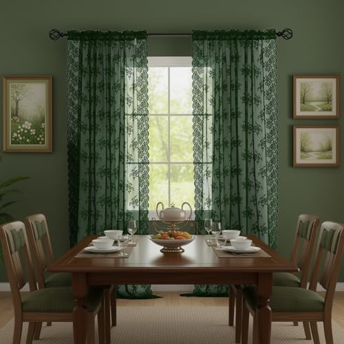 Kotile Emerald Green Sheer Curtains for Living Room 52 x 80 Inch, 2 Panels | Rod Pocket, Delicate Knitted Texture, Diffused Window Light, Refined Botanical Depth, Classic Full-Length Look, Privacy - color: Embrald Green, size: 52"W x 80"L (Pack of 2)