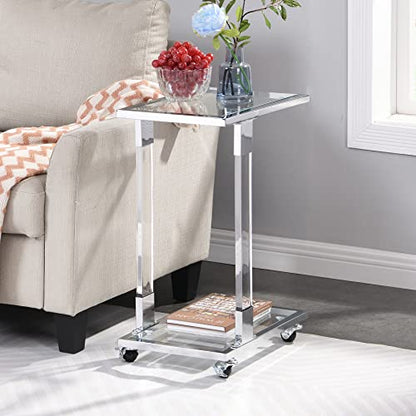 Clear Sofa Side Table C Shaped End Table with Wheels, Rolling Acrylic Bedside Laptop Snack Table TV Tray, Mobile Breakfast Tray Table with Tempered Glass Shelves and Clear Acrylic Frame - color: Acrylic Clear, Silver