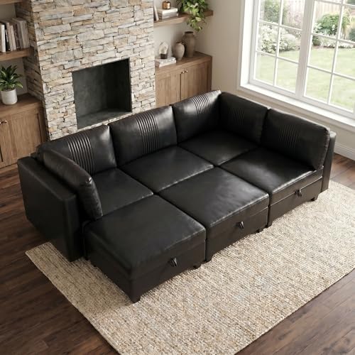 ERYE 99-Inch Oversized U Shaped Sectional Sofa 6 Seat Modular Storage Sofa Couch W/Deep Seat,Pet Friendly Faux Leather Upholstered Convertible Sleeper Sectional Couch with Ottomans - color: Black 99"