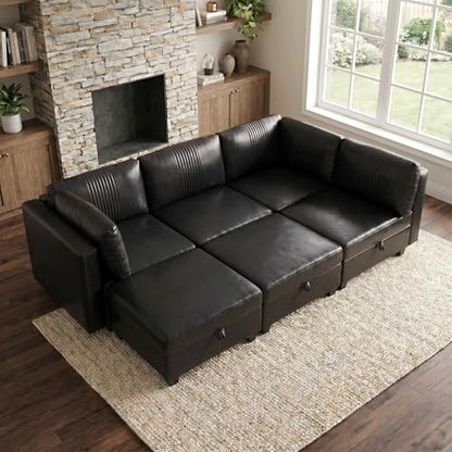 ERYE 99-Inch Oversized U Shaped Sectional Sofa 6 Seat Modular Storage Sofa Couch W/Deep Seat,Pet Friendly Faux Leather Upholstered Convertible Sleeper Sectional Couch with Ottomans - color: Black 99"