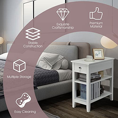 Narrow Side Table, 3-Tier Bedside Table with Drawer and Shelves, Tall Skinny Nightstand for Living Room, Bedroom, Small End Table for Small Spaces (2, White)