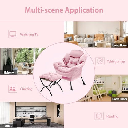 Youtanic Lazy Chair with Folding Ottoman, Accent Chair Velvet Upholstered with Metal Structure and Non-Slip Pads, Sofa Armchair with Footrest and Side Storage Bag for Dorm, Room, Office, Pink - color: Pink