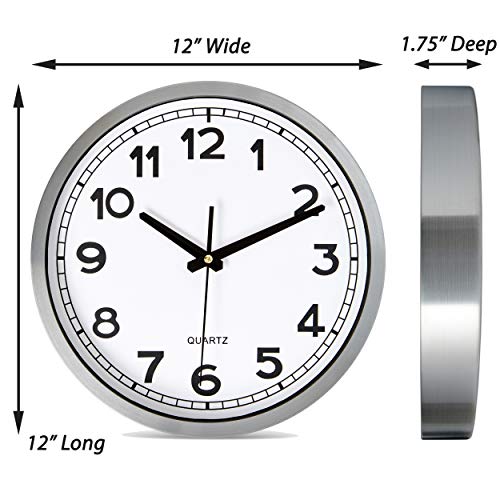 Bernhard Products Wall Clock Silent Non-Ticking Large 12" Silver Metal Frame Quartz Battery Operated Easy to Read Office Classroom Kitchen Living Room Bathroom Sweeping Clocks, Black Modern Numbers - style: Metal