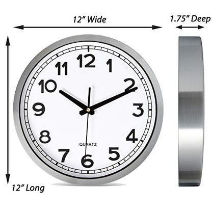Bernhard Products Wall Clock Silent Non-Ticking Large 12" Silver Metal Frame Quartz Battery Operated Easy to Read Office Classroom Kitchen Living Room Bathroom Sweeping Clocks, Black Modern Numbers - style: Metal