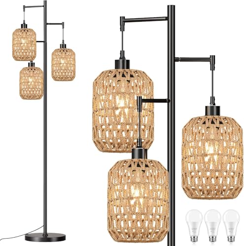 QIYIZM Floor Lamp for Living Room,Bedroom,Boho Rattan Tree 3 Lights Farmhouse Floor Lights,Industrial Black Standing Lamp Wicker Rustic Tall Lamp,Woven Bamboo LampShade Floor Lamps Bohemian - size: Floor Lamp--17