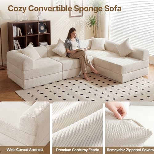 112" L Shaped Modular Sectional Sofa with Ottoman, Cloud Boneless Couch Deep Seat with 4 Pillows, Oversized Folding Sofa Bed Couches for Living Room Bedroom,No Assembly-White - color: Cream, size: 4 Seat