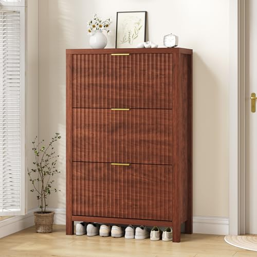 32" Fluted Shoe Cabinet Storage with 3 Flip Drawers for Entryway, Hallway | Hidden Shoe Rack Slim Freestanding Shoe Organizer with Legs for Hallway, Living Room, Red Walnut - color: Red Walnut, size: 3 Drawers