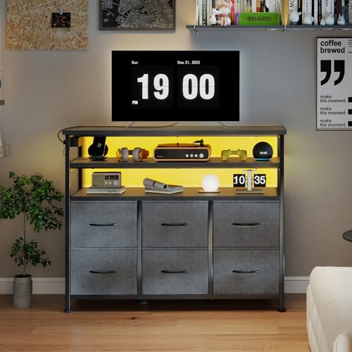 DUMOS LED TV Stand Dresser with Charging Station, Entertainment Center | Media Console for Living Room, App Controlled, 6 Fabric Drawers and 2 Shelves, Grey - color: Grey, size: 39.37"D x 11.8"W x 31.49"H (6 Drawers)