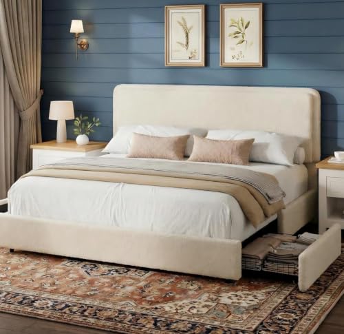 GarveeHome Bed Frame with 2 Storage Drawer, Cream Beige, King | Teddy Fleece Thick Upholstered Platform Bed Frame with Adjustable Headboard, No Box Spring Needed - size: King