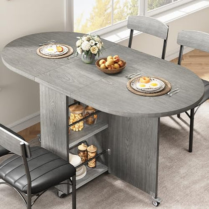 Jocoevol Round Folding Dining Table for 6, Space Saving Drop Leaf Kitchen Table with Storage Drawer, 6 Wheels Oval Gateleg Foldable Dining Table for Small Spaces (Grey, 51" x 31.5" x 30") - color: Grey