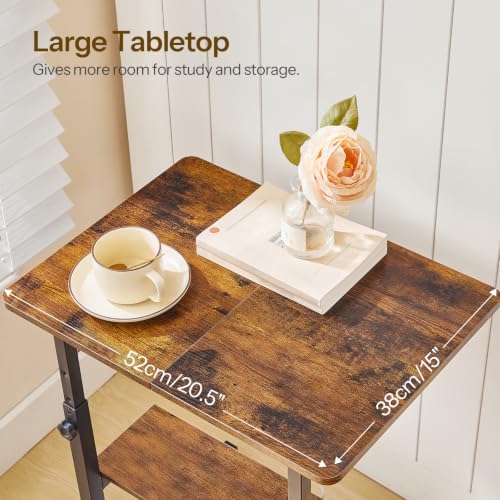 HOOBRO C-Shaped End Table, Adjustable Height Side Table with Power Strip | Couch Table with 20.5"L x 15"W Spacious Desktop, TV Tray Table with Storage Shelves for Living Room, Sofa Chair, Rustic Brown - color: Rustic Brown + Black