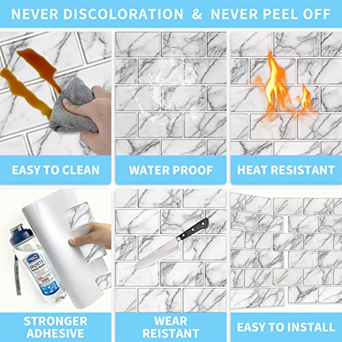 URCOLOR 10-Sheet backsplash Tile for Kitchen Peel and Stick,12"x12" Self Adhesive Subway Wall Tiles Stick on Back Splashes for Bathroom White Marble - color: White Gray