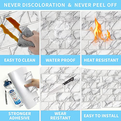URCOLOR 10-Sheet backsplash Tile for Kitchen Peel and Stick,12"x12" Self Adhesive Subway Wall Tiles Stick on Back Splashes for Bathroom White Marble - color: White Gray