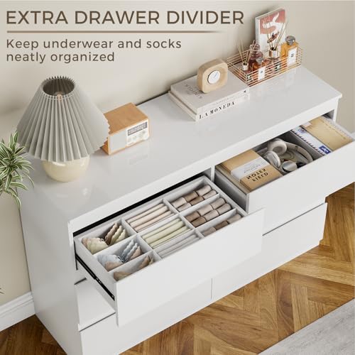 White 6 Drawer Dresser for Bedroom 47" Wide Closet Storage | Wood Dresser, Modern High Gloss, Handle-Free, for Entryway|TV Stand|Living Room - size: 15.4"D x 47.2"W x 32.3"H (6 Drawers)